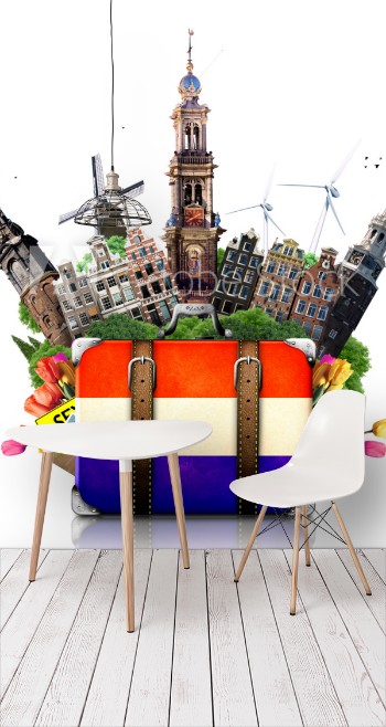 Picture of Holland Amsterdam landmarks travel and retro suitcase